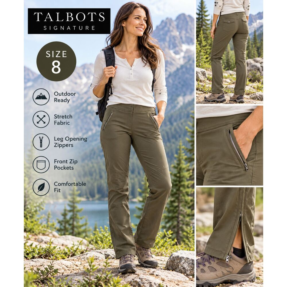 Talbots Signature Women Size 8  Green Stretch Hiking Pants Zip Hem Pockets #26
